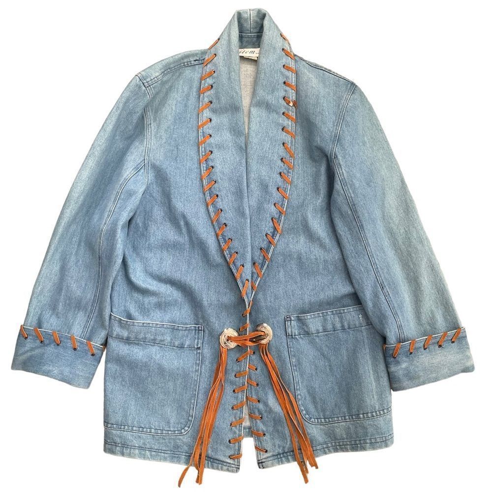 Made in USA Unisex Blue Denim Blazer Tan Suede Trim Jacket " in description